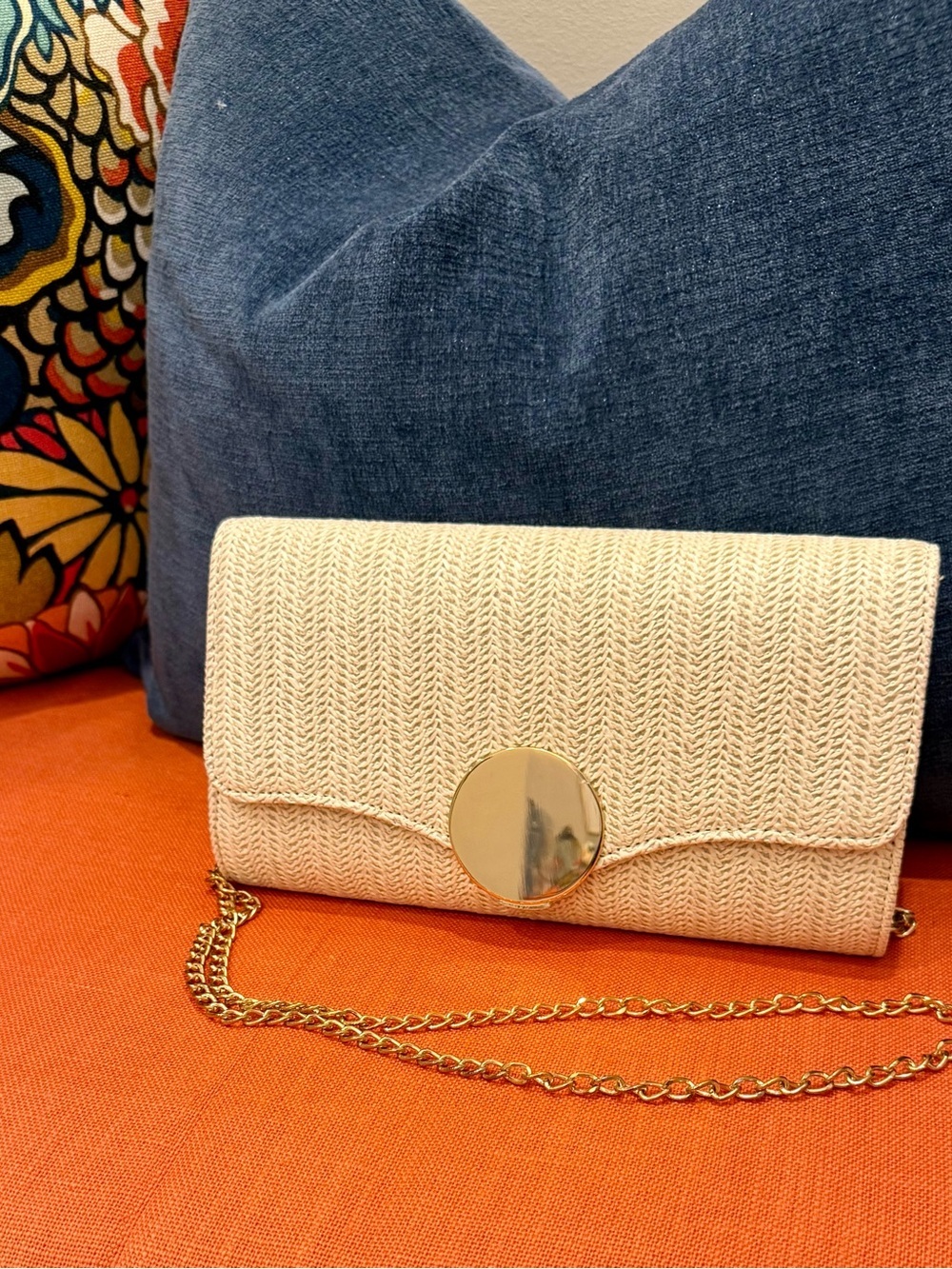 Cream Woven Chain Strap Clutch
